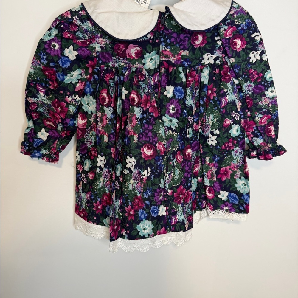 Vintage Kids Floral Dress w/ Peter Pan Collar – Size 12 – Cottagecore Cute - Picture 2 of 4